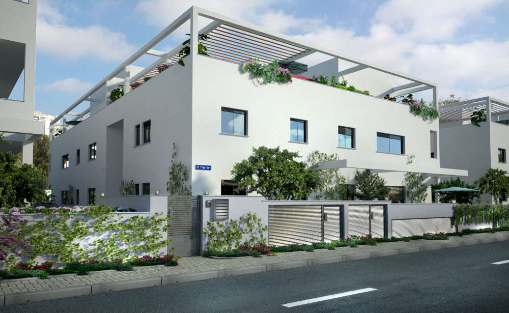 בניין המגורים ברחוב עודד 5 ברמת גן — חזית לבנה עם פרגולות וגינון על הגג